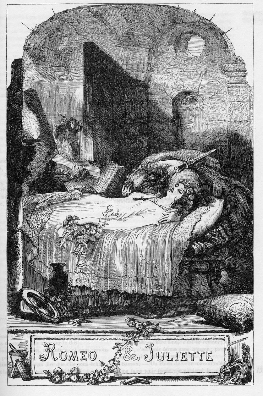Romeo a Julie (Romeo a Julie) – Ilustrace v „“ Completes de William Shakespeare“““ 1866 – Ilustrace a obecná forma tohoto vydání jsou vypůjčeny z Cassellova ilustrovaného Shakespeara, vydaného v Londýně od English School