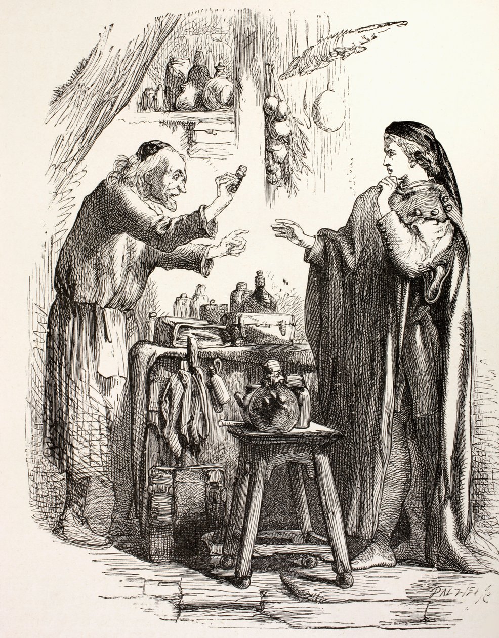 Romeo kupuje jed od lékárníka, ilustrace od Romea a Julie, z „The Illustrated Library Shakespeare“, vydané v Londýně 1890 (litho) od English School