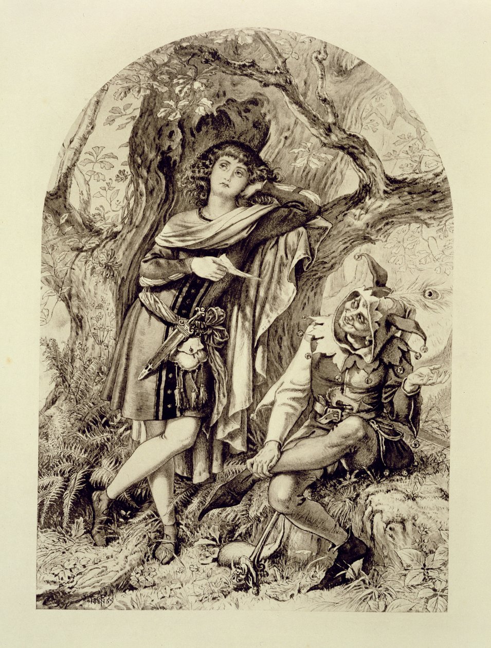 Rosalind a Touchstone, dějství III, scéna 2, v Jak se vám líbí, William Shakespeare (1564-1616) od English School