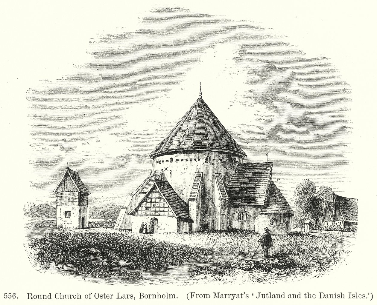 Kulatý kostel Oster Lars, Bornholm (rytina) od English School