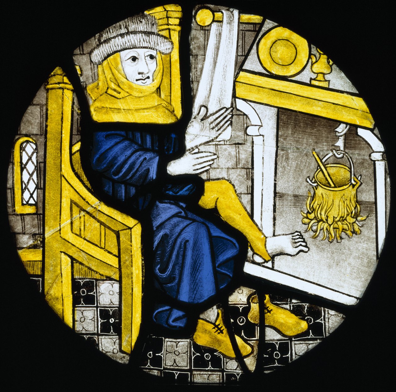 Rondel zobrazující měsíc únor, konec 15. století (vitráže) od English School