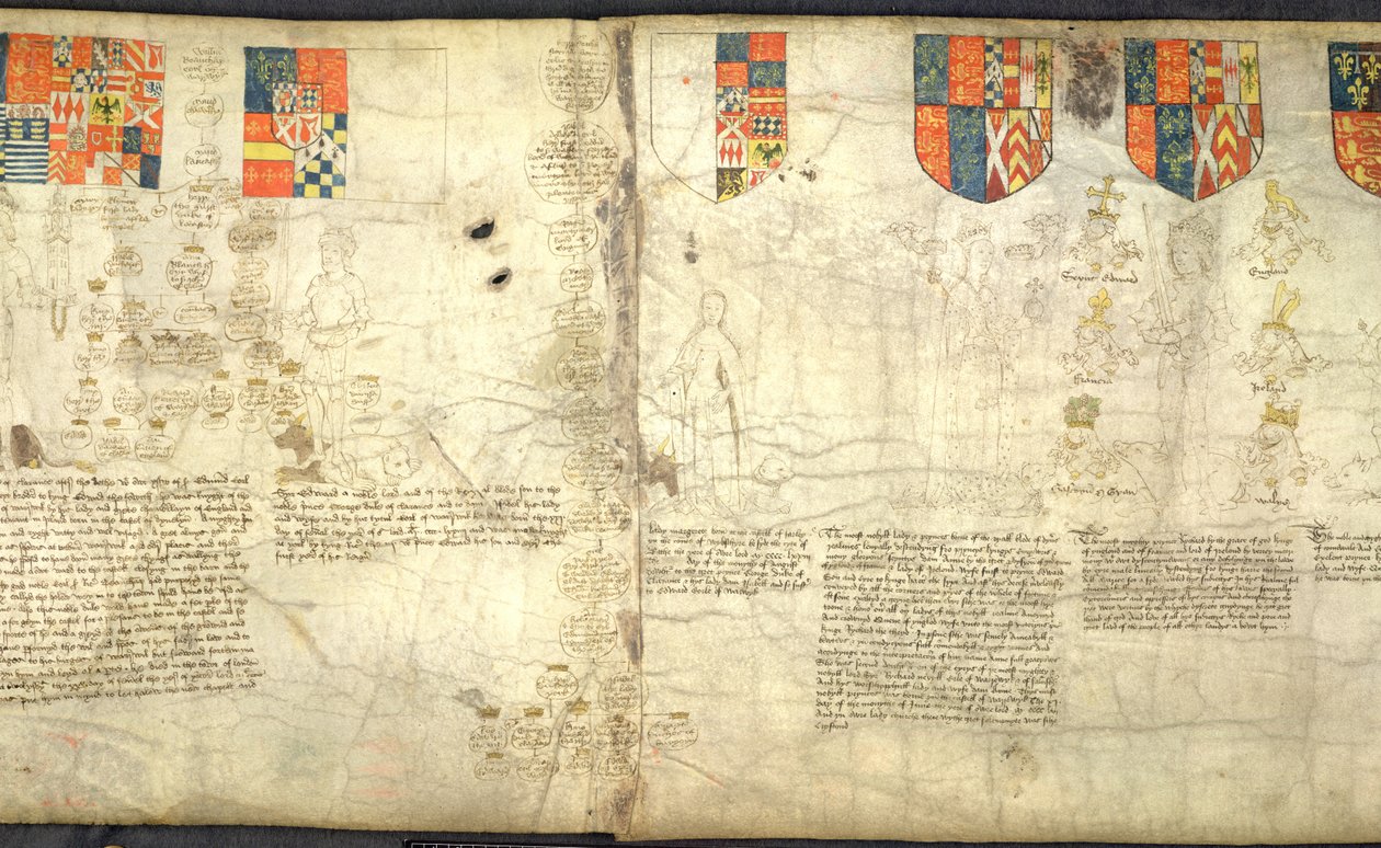 Rous Roll, f. 7cr: Zleva doprava: Edward, hrabě z Warwicku (syn George, vévody z Clarence); Margaret (dcera George, vévody z Clarence); Anne Neville (dcera Richarda Nevilla a manželka Richarda III); Richard III (vellum) od English School