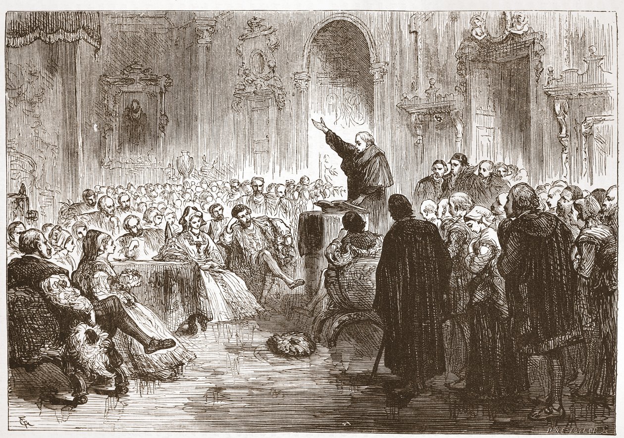 Rousselovo kázání v Louvru, ilustrace z Historie protestantismu od Jamese Aitkena Wylie (1808-1890), hospoda. 1878 od English School