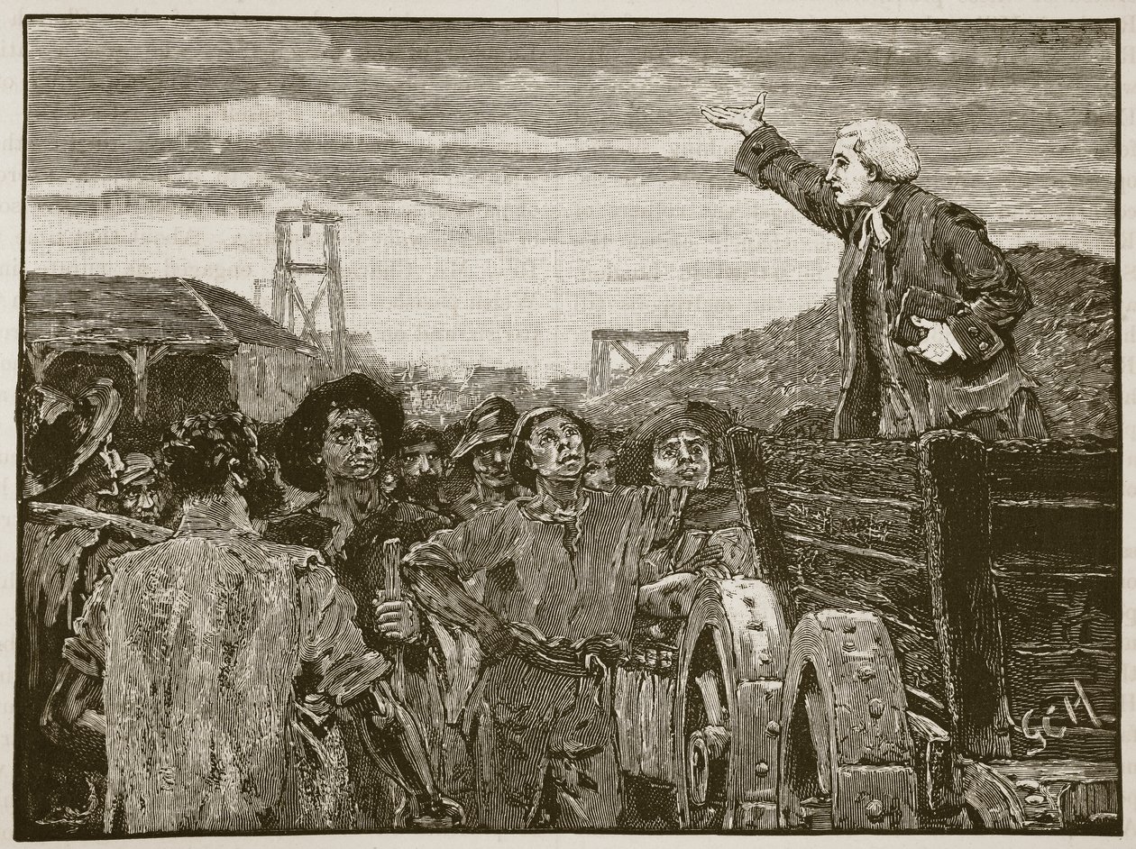 Kázání Rowlanda Hilla pro dělníky z Kingswoodu, ilustrace z Cassells Illustrated History of England (sépiová fotografie) od English School