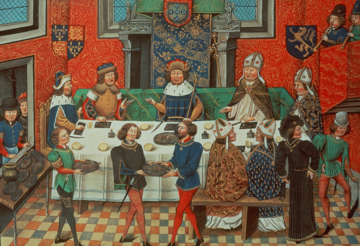 Roy 14 E IV f.244v Vévoda z Lancasteru večeří s portugalským králem, ze sv. III 