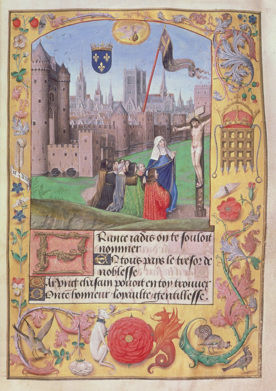 Roy 16 F II f.89 Notre Dame, Paříž ukazuje paže s kůly, dole Panna chrání devět postav klečících před Ukřižováním, z Poems of Charles, Duke of Orleans, c.1500 (vellum) od English School