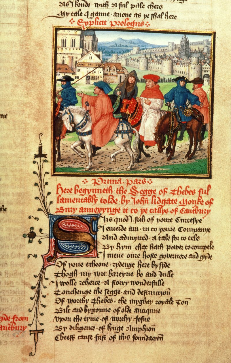 Roy 18 D 11 f.148 Lydgate a Canterburští poutníci opouštějící Canterbury z „Troy Book and the Siege of Thébes“ od Johna Lydgatea (asi 1370-c.1451) 1412-22 (vellum) od English School