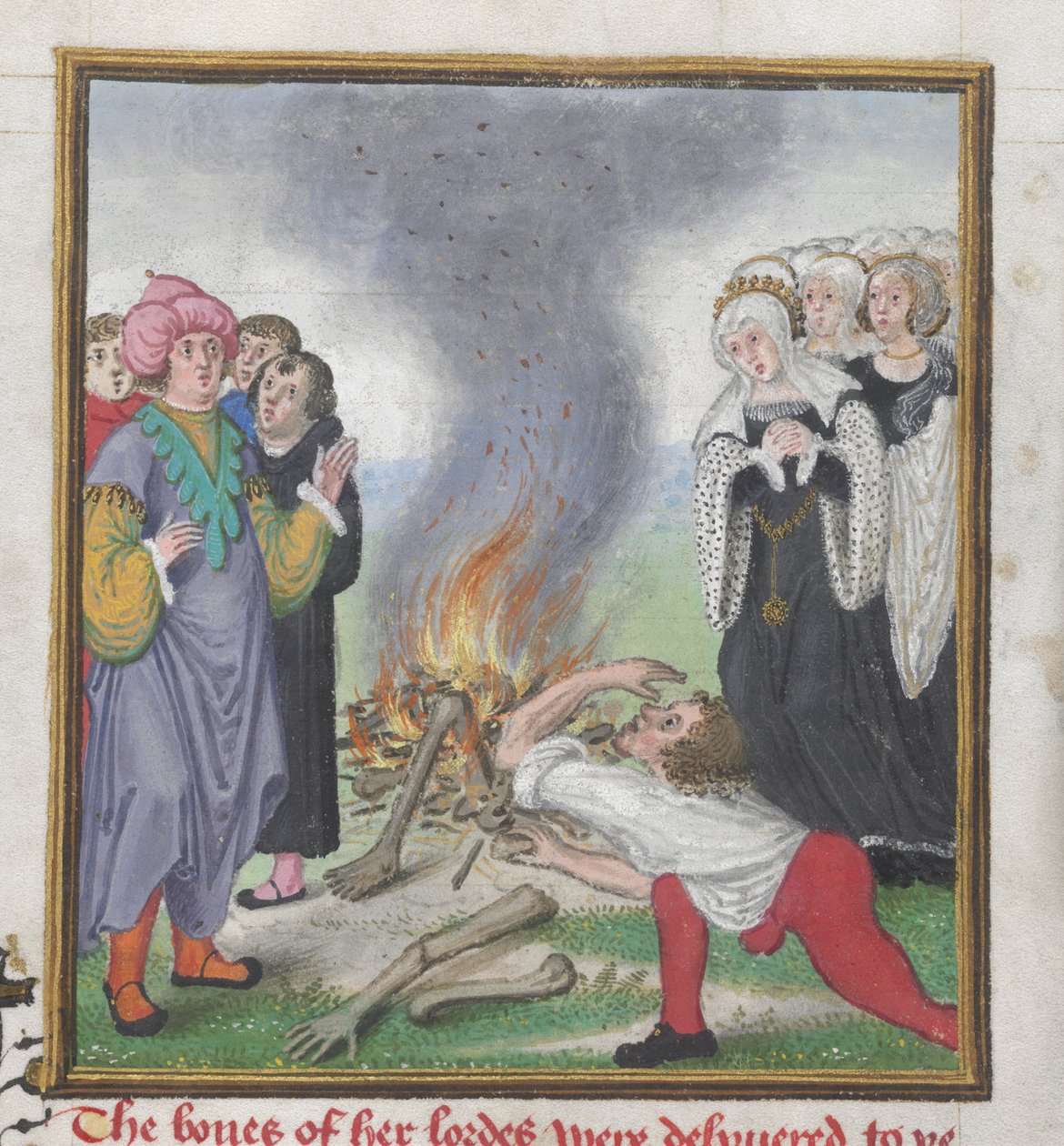 Roy 18 D II f.161 Theseus spalující těla Athéňanů zabitých thébským králem Kreónem, z „Trójské knihy a příběhu o Thébách“ od Johna Lydgatea (asi 1370-1451) 1412-22 (vellum) od English School