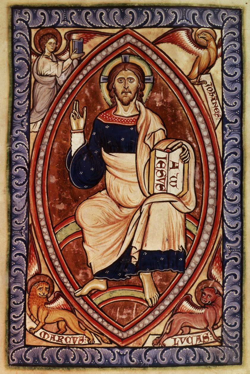 Roy 2 A XXII f.14 Kristus ve majestátu se symboly evangelistů, z Westminsterského žaltáře, kolem 1250 (vellum) od English School