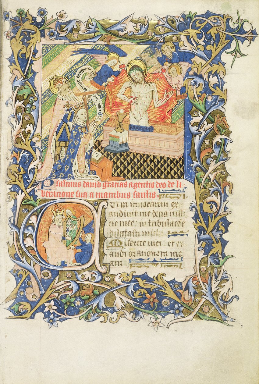 Roy 2 B I f.8 Korunovaná postava podepřená šedým vousatým světcem klečícím před obrazem Pity, ze žaltáře Humphreyho vévody z Gloucesteru, kolem 1420-30 (vellum) od English School