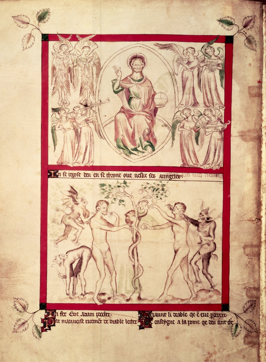 Roy 2 B VII f.3v Bůh v mandorle obklopený anděly hudebníky, Pokušení Evy, od Queen Mary Psalter, c.1310-20 (vellum) od English School