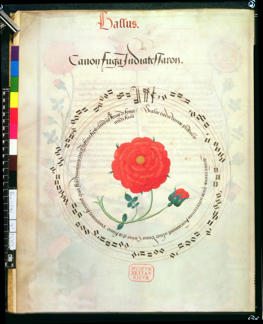 Roy II E XI f.2v Canon, s kruhovými lištami a růžicí uprostřed, z Motets od Richarda Sampsona (vellum) od English School