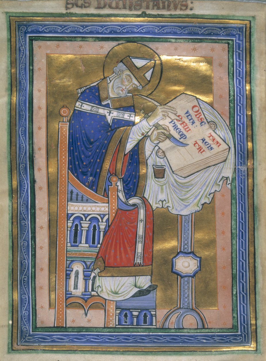 Royal 10 A. XIII, f.2v Dunstan píše Benediktinské pravidlo, ilustrace z 