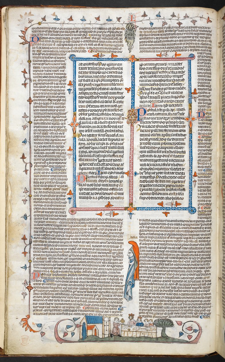 Royal 10 E. IV, f.250v Text s okrajovým zdobením a King Dining, ilustrace z 
