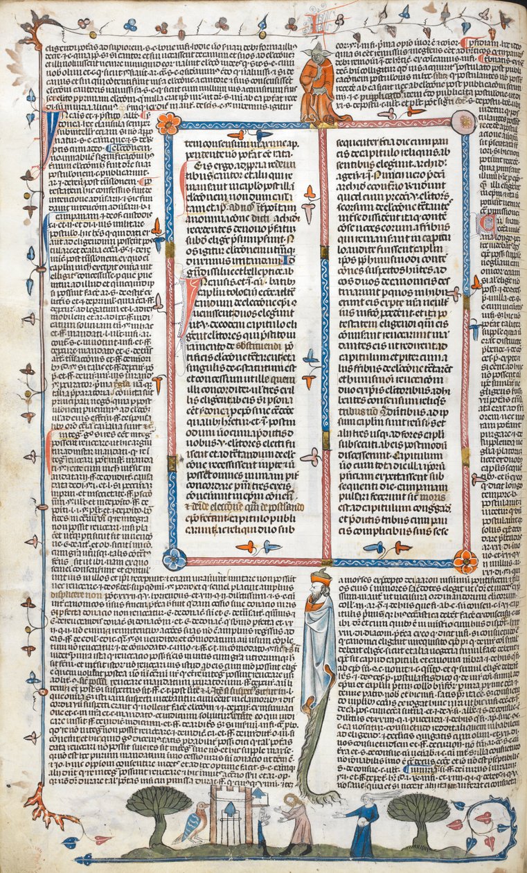 Royal 10 E. IV, f.30v, Text a basdepage scéna muže a ženy před budovou, z 