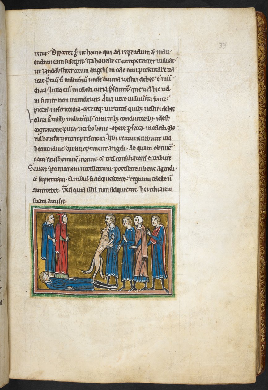 Královská 12 F.XIII, f.33 Pes identifikující vraha.  , z Bestiáře (ff. 3-141), Lapidárium (ff. 141v-149)  , 2. čtvrtina 13. století (vellum) od English School