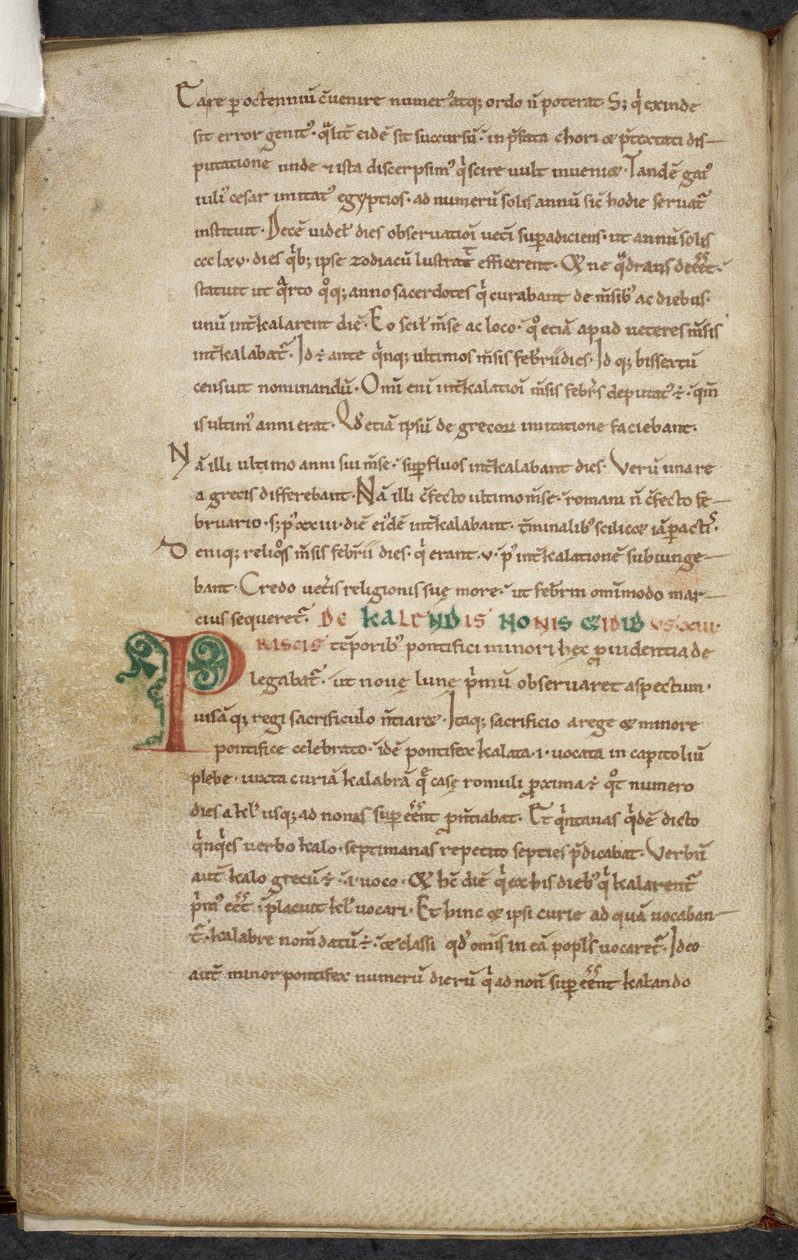 Royal 13. A.XI, f.47vIniciála P.De temporum ratione.Bede Ctihodný.Různé práce o počítačích a astronomii.11.století-12.stol. od English School