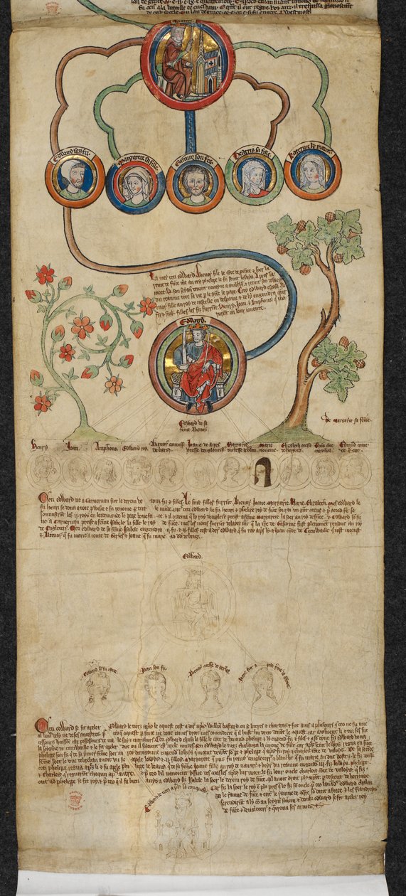 Royal 14 B. VI, membrána 7 Královská genealogie od Jindřicha III. po Edwarda I. s prodloužením v jiné ruce od Edwarda II. po Edwarda III., z „Genealogického seznamu anglických králů“, kolem 1300-1340 (inkoust , barva a zlato na pergamenu) od English School