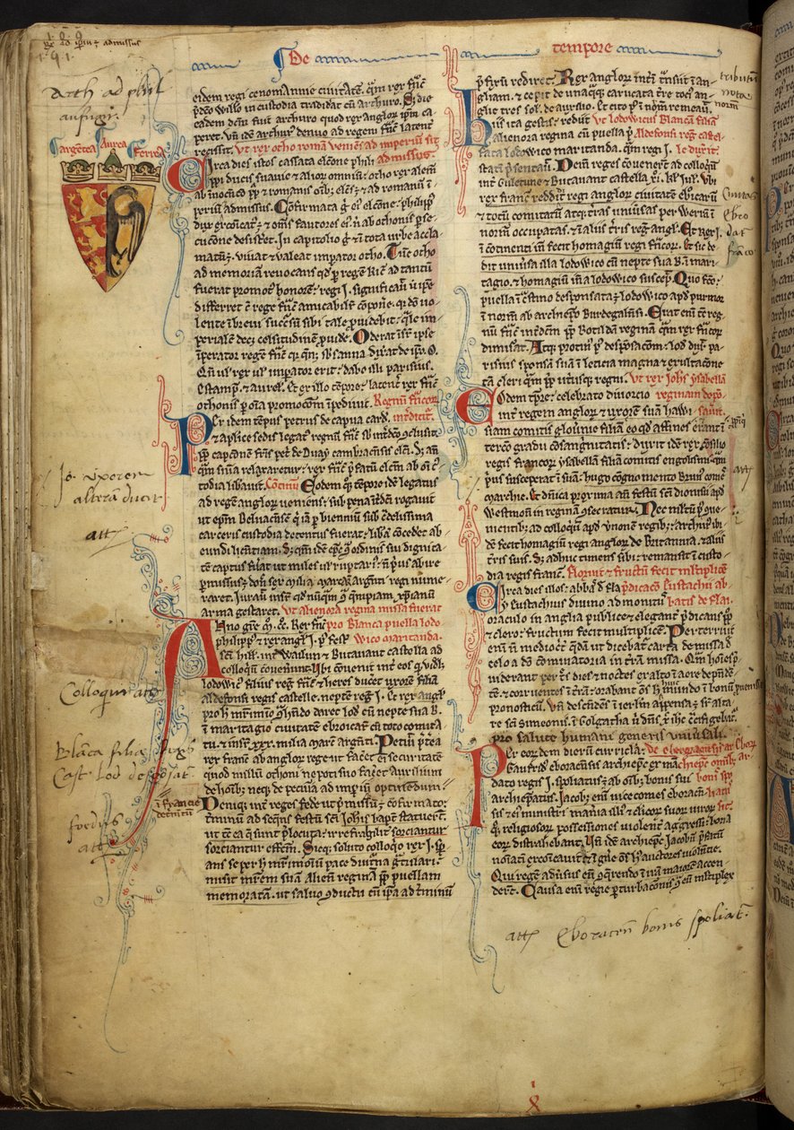 Royal 14 C.VII ff.86v Hraniční dekorace s erbem Richarda Lví srdce, ilustrace z 