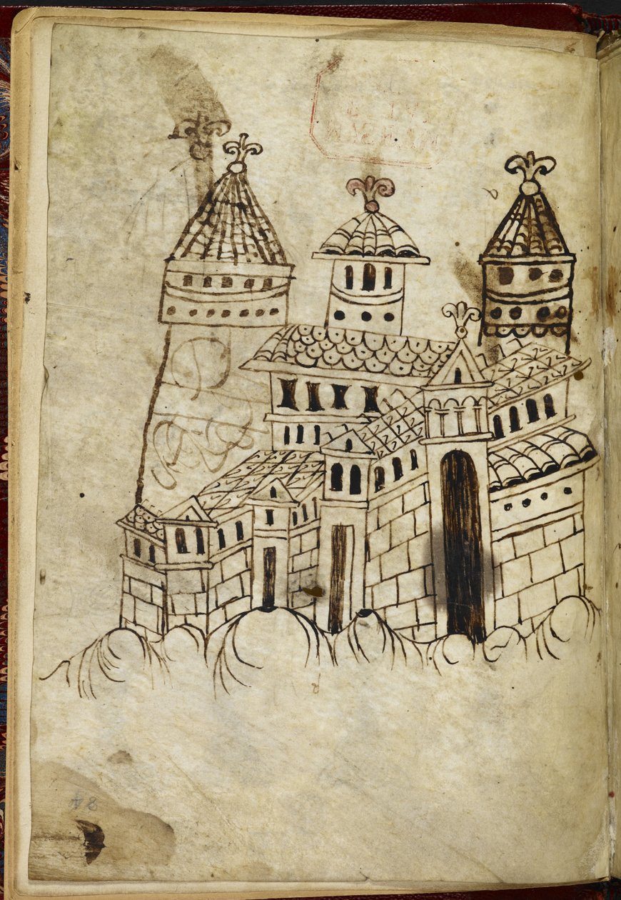 Royal 15 A. XVI. románská stavba se třemi věžemi (tuš na pergamenu) od English School