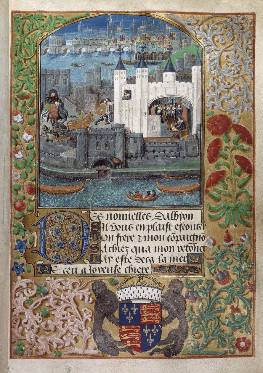 Royal 16 F. II, f.73 The Tower of London, s London Bridge vzadu. Charles, vévoda z Orleans, viděn psát, jak stojí u okna a posílá dopis na nádvoří od English School