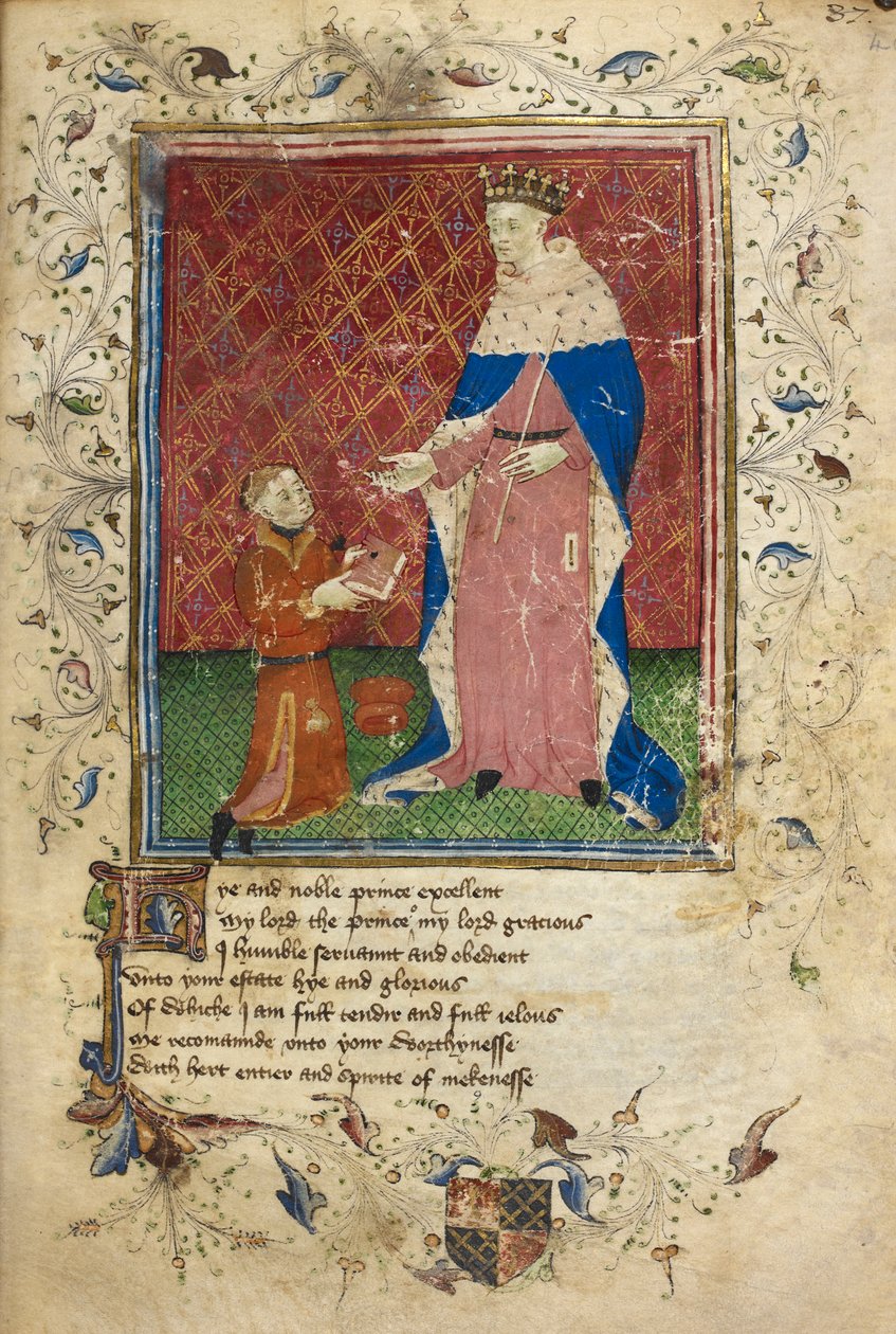 Royal 17 D. VI, f.40 Prezentační scéna s Thomasem Hocclevem při nabízení své knihy Jindřichu V. (vellum) od English School