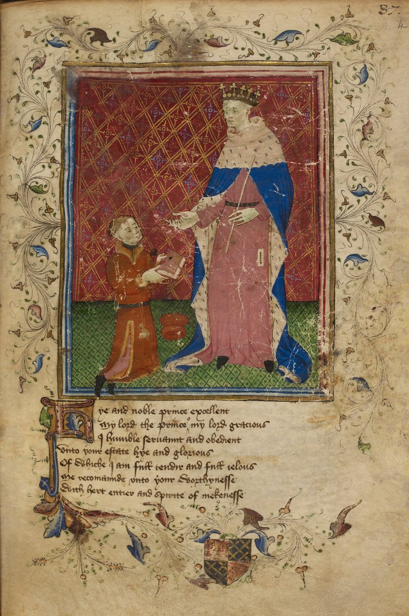 Royal 17 D. VI, f.40 Thomas Hoccleve klečící při aktu nabízení své knihy králi Jindřichu V., ilustrace z 