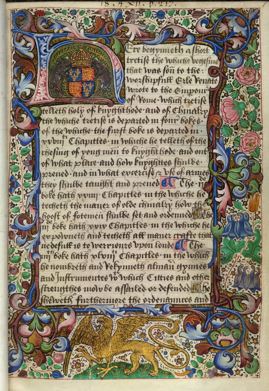 Royal 18 A. XII fol.1 Iluminovaná iniciála „H“ s erbem Richarda III., po stranách dva kanci, z „De re militari“ od English School