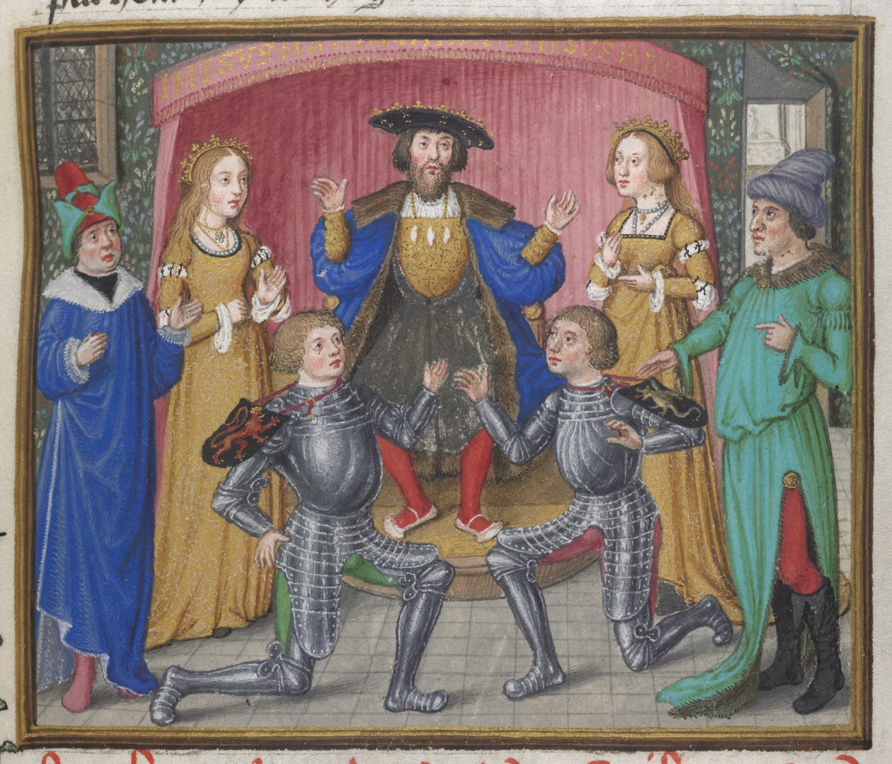 Royal 18 D.II, f.151 Polynices a Tydeus smířeni, ilustrace z 
