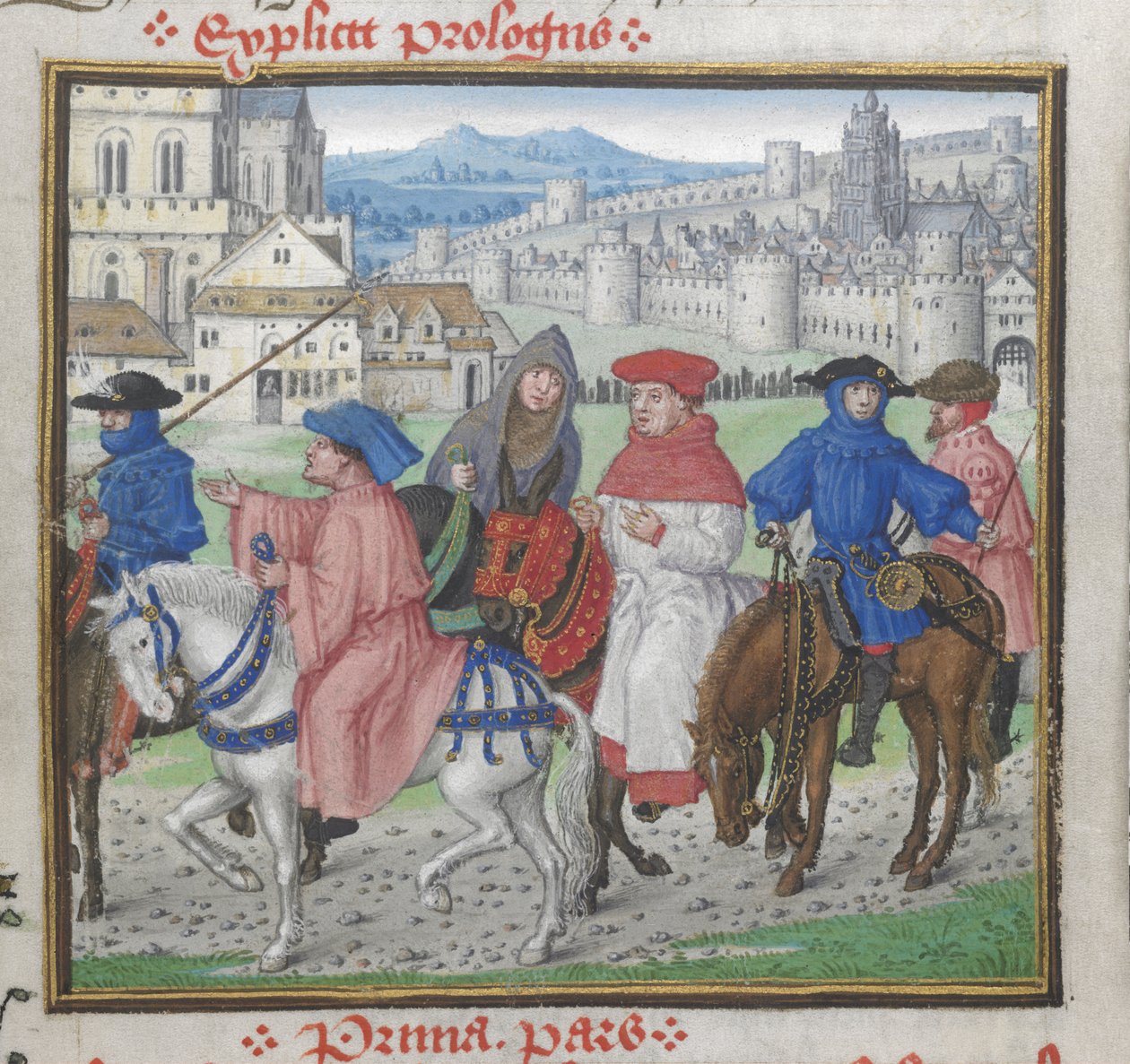 Královská 18 D. II, f.148 Konec prologu. John Lydgate a canterburští poutníci opouštějící Canterbury, ilustrace z „John Lydgate, Trojská kniha a obléhání Théb, s verši Williama Cornishe, Johna Skeltona, Williama Peerise a dalších“, kolem 1455-62 (vellum od English School