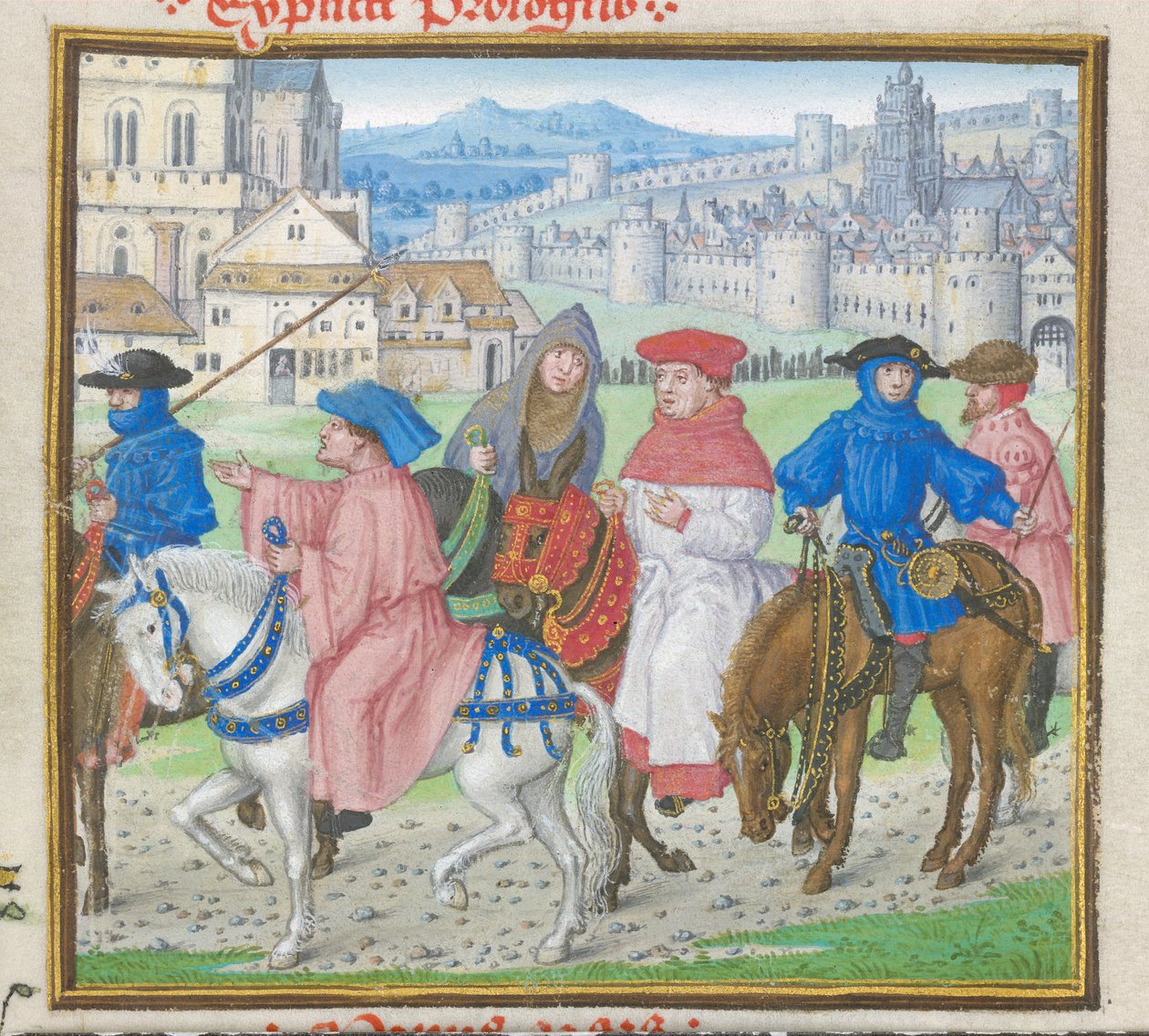 Royal 18 D II f.148 Lydgate and the Canterbury Pilgrims Odcházející z Canterbury z „Troy Book and the Siege of Thébes“ od Johna Lydgatea (asi 1370-c.1451) 1412-22 (vellum) (detail 8063) od English School