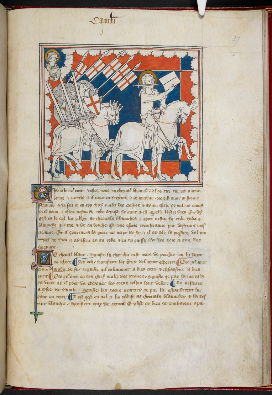 Royal 19 B.XV, f.37 Jezdec na bílém koni a jeho následovníci; John nahoře, vlevo, z „The Queen Mary Apocalypse“ (inkoust, barva a zlato na pergamenu) od English School