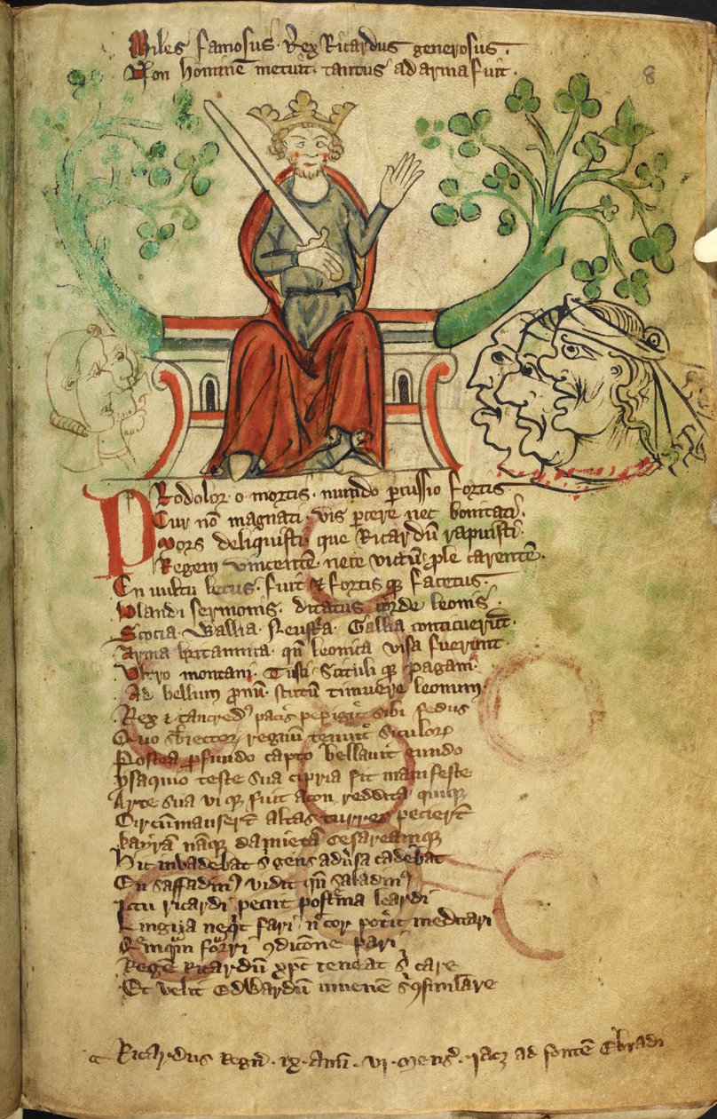 Royal 20 A. II f.8 Král Richard I. s mečem na trůnu, ilustrace z 