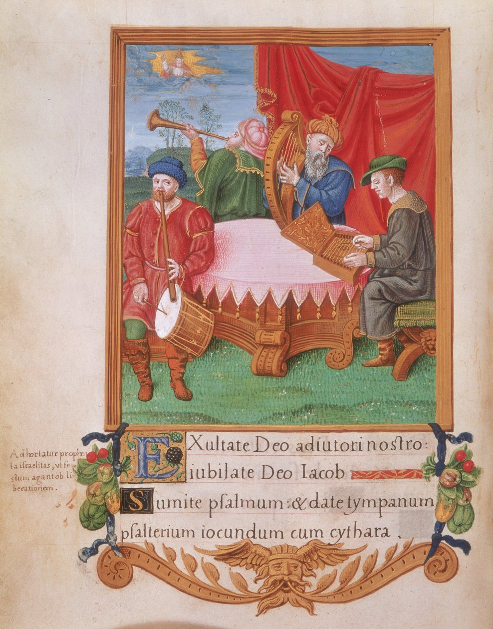 Royal 2 A.XVI fol.98v Tudorovští hudebníci, od žaltáře Jindřicha VIII., kolem 1530-47 (vellum) od English School