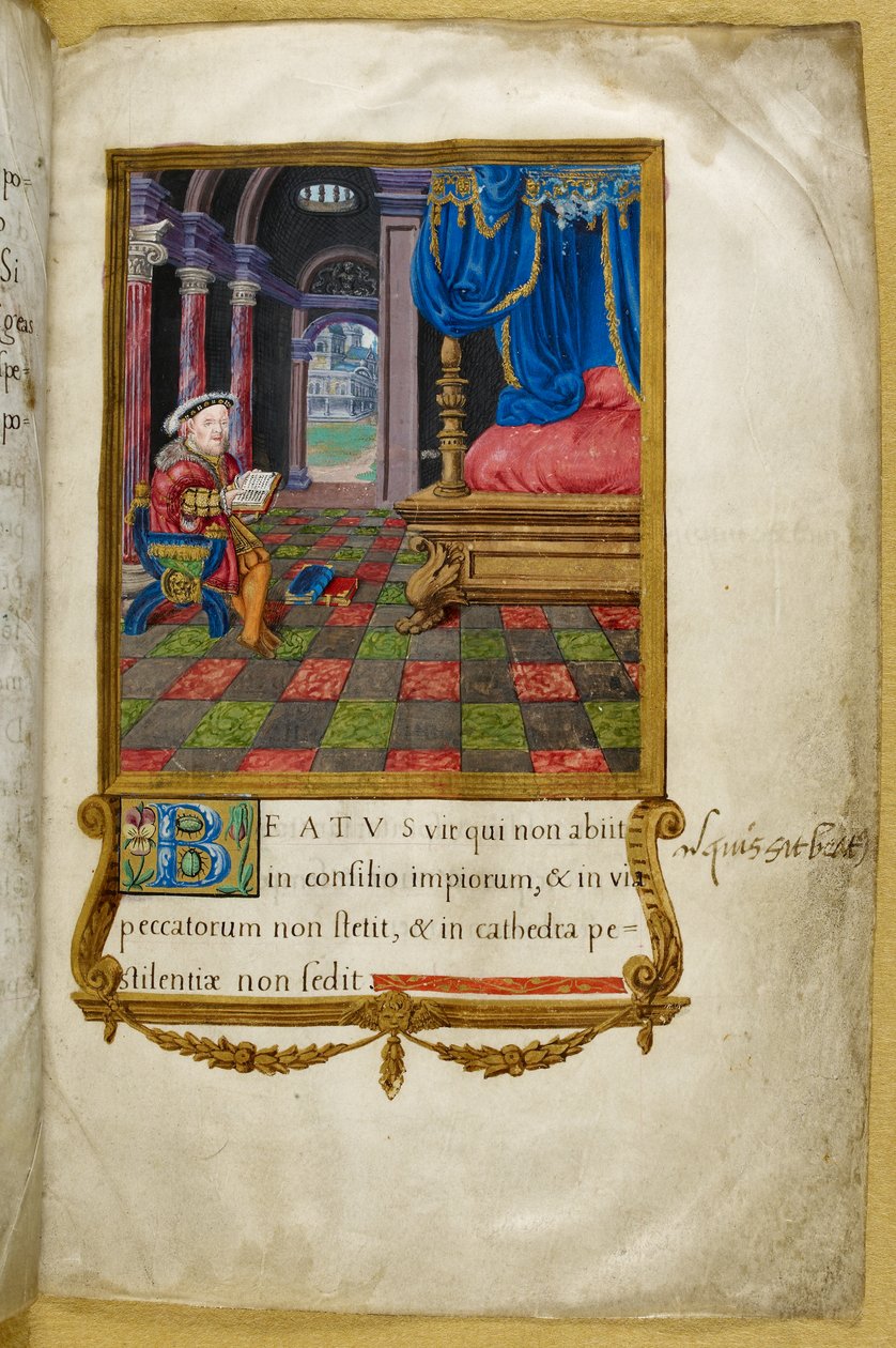Royal 2 A. XVI, f.3 Král Jindřich VIII. sedící a čte ve své ložnici, ilustrace z 