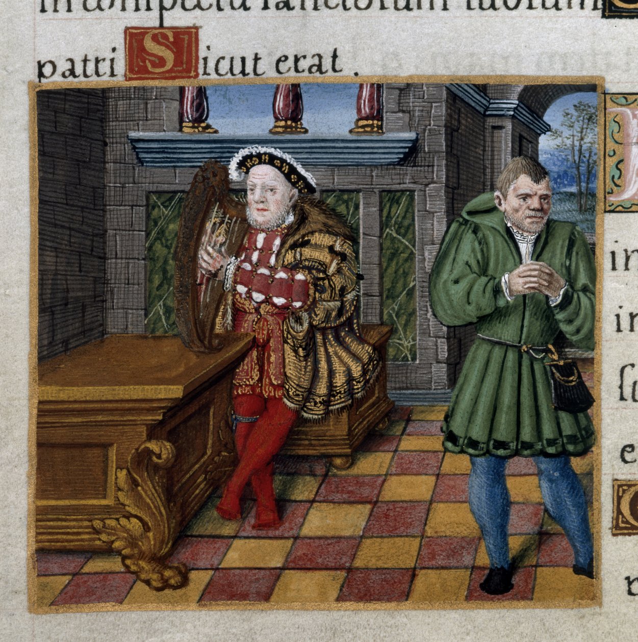 Royal 2 A. XVI, f.63v Jindřich VIII. s harfou a jeho šaškem Williamem Somersem, Žalm 52, z 
