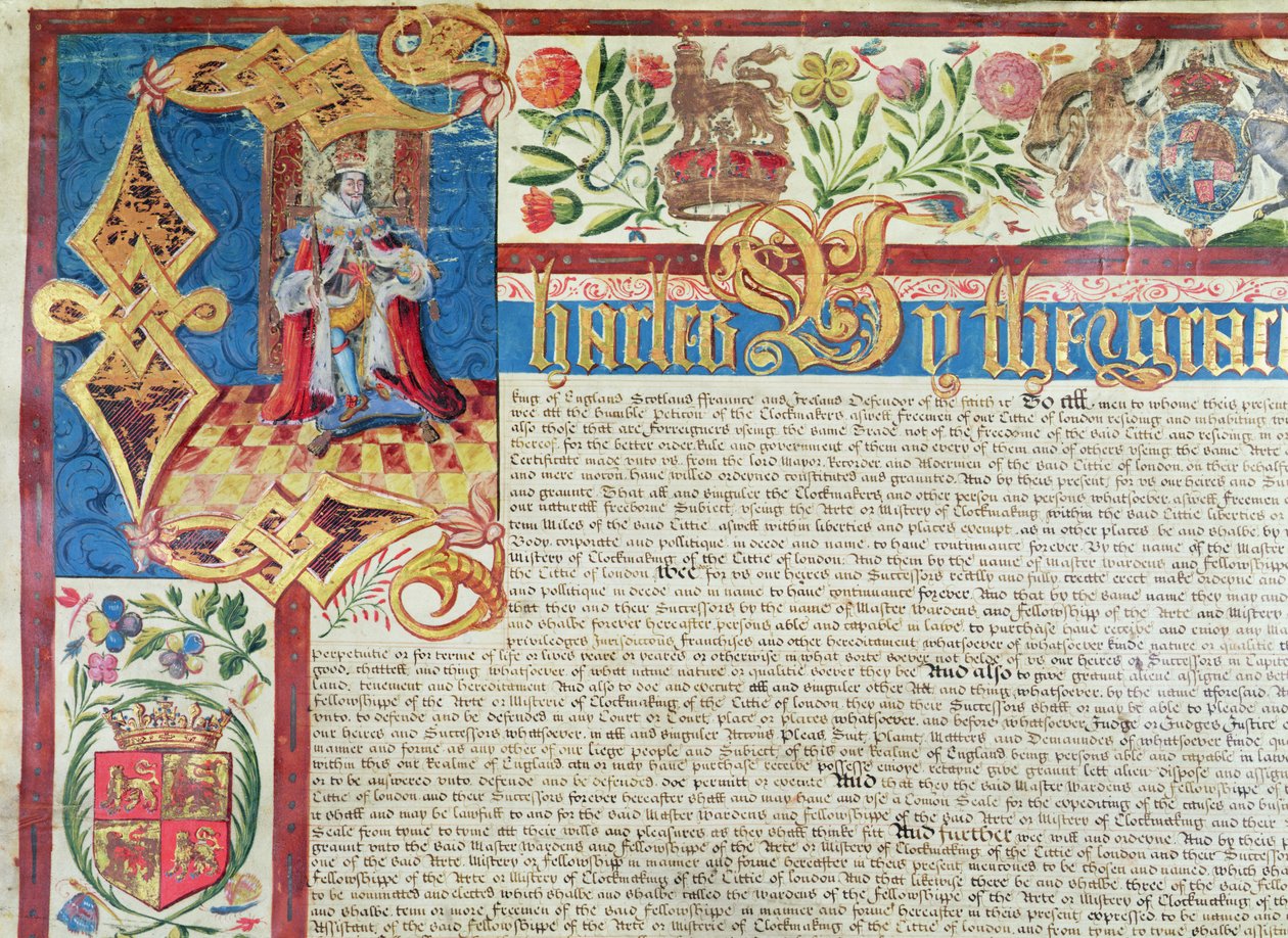 Královská listina pro společnost soukeníků za vlády Karla II. (1630-85) (detail) od English School