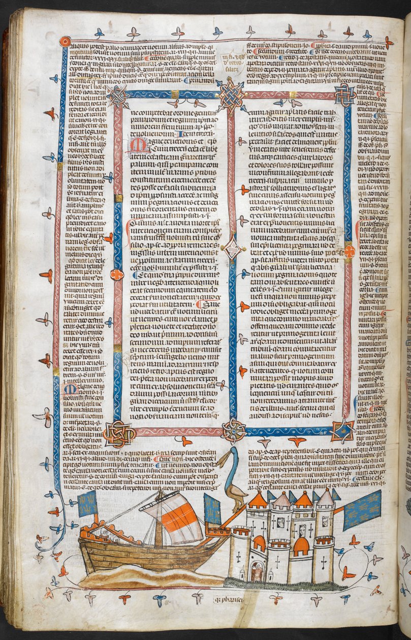 Royal MS 10 IV f.208v Námořní útok a okrajová dekorace, ilustrace z 