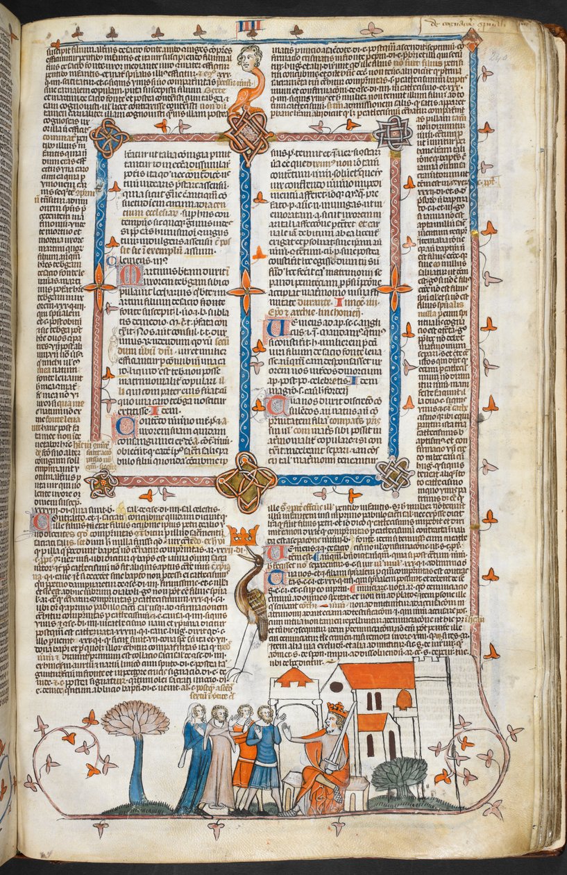 Royal MS 10 IV f.240r King bránící svůj palác a okrajovou výzdobu, ilustrace z 