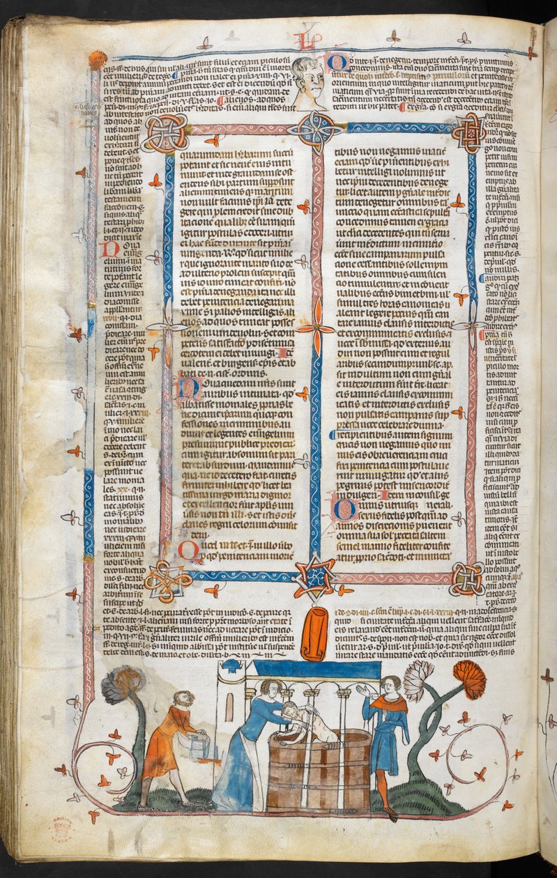 Royal MS 10 IV f.297v Bathing a Morová oběť a okrajová dekorace, ilustrace z 