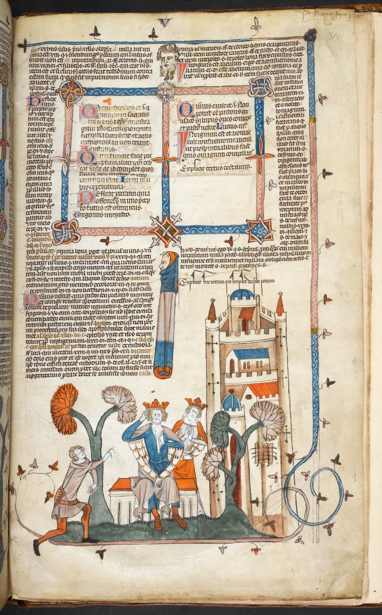 Royal MS 10 IV f.314r Král, královna a jejich hrad s okrajovou výzdobou, ilustrace z 