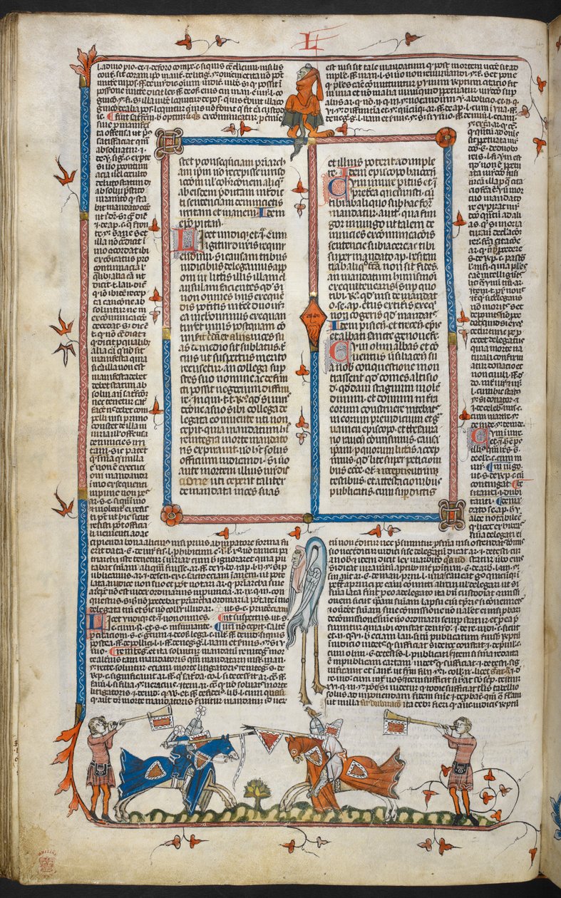 Royal MS 10 iv f.065v Rytířský souboj s okrajovým zdobením, ilustrace z 