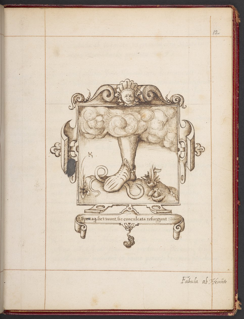 Královský aršík 18 A XLVIII, fol. 12r, znak s latinským mottem z prezentační kopie Hemetes the Hermit od George Gascoina od English School