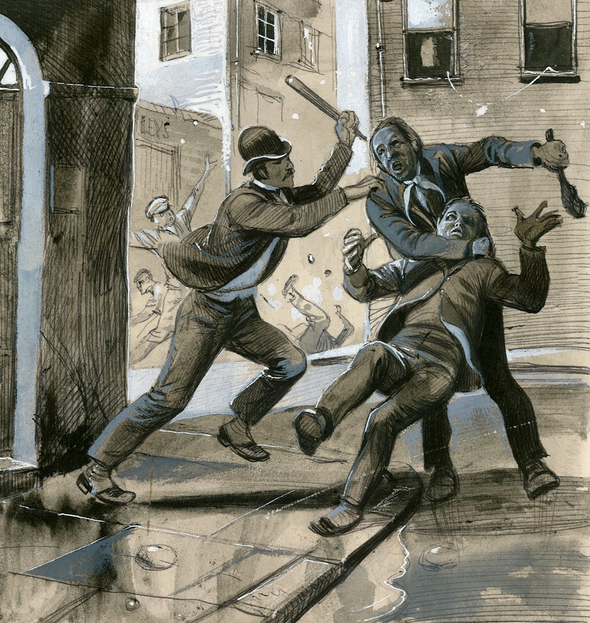 Královská námořní pěchota jako policisté v civilu v roce 1882 pomáhala dublinské policii v boji proti "nepřemožitelným". od English School