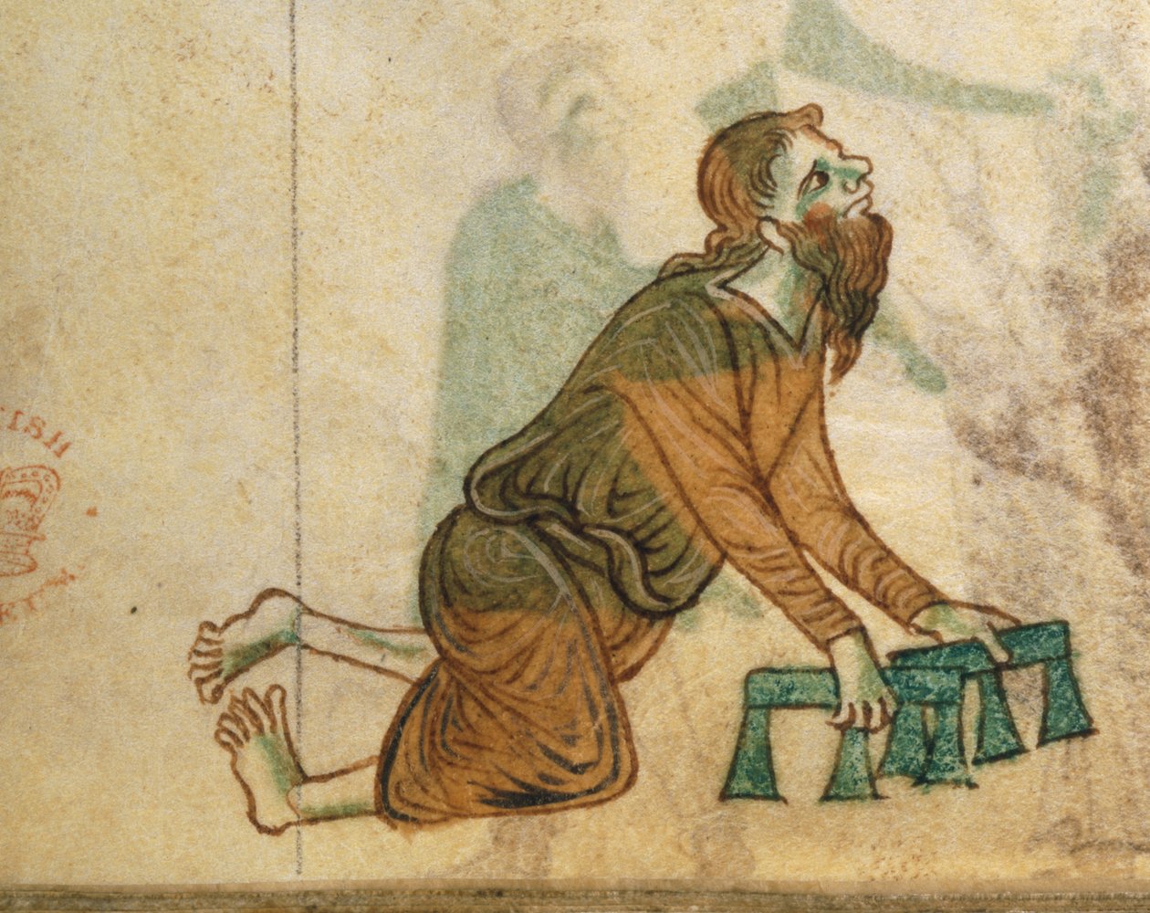 Royal Ms 13 B VIII fol.30v Zmrzačený muž lezoucí po kolenou, z 
