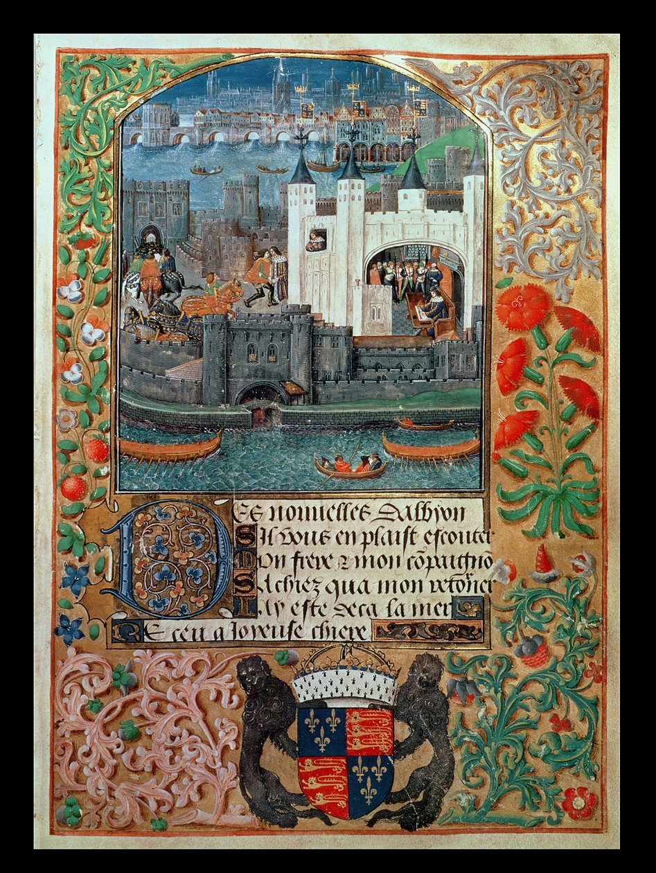 Royal Ms 16 F II, f.73: Tower of London a lodní doprava, s Charlesem, vévodou z Orleansu sedícím v Toweru a psaním, z Poems of Charles Duke of Orleans, c.1500 (vellum) od English School