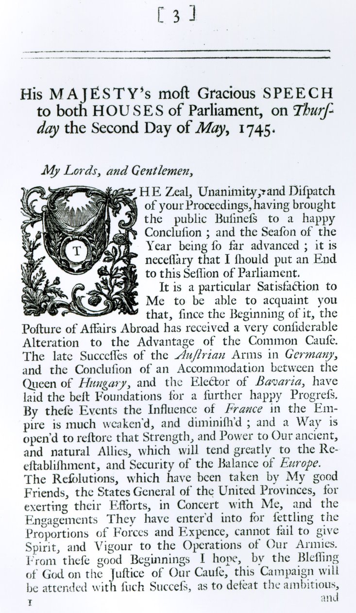 Královský projev k oběma komorám parlamentu, 2. května 1745 (tisk) od English School
