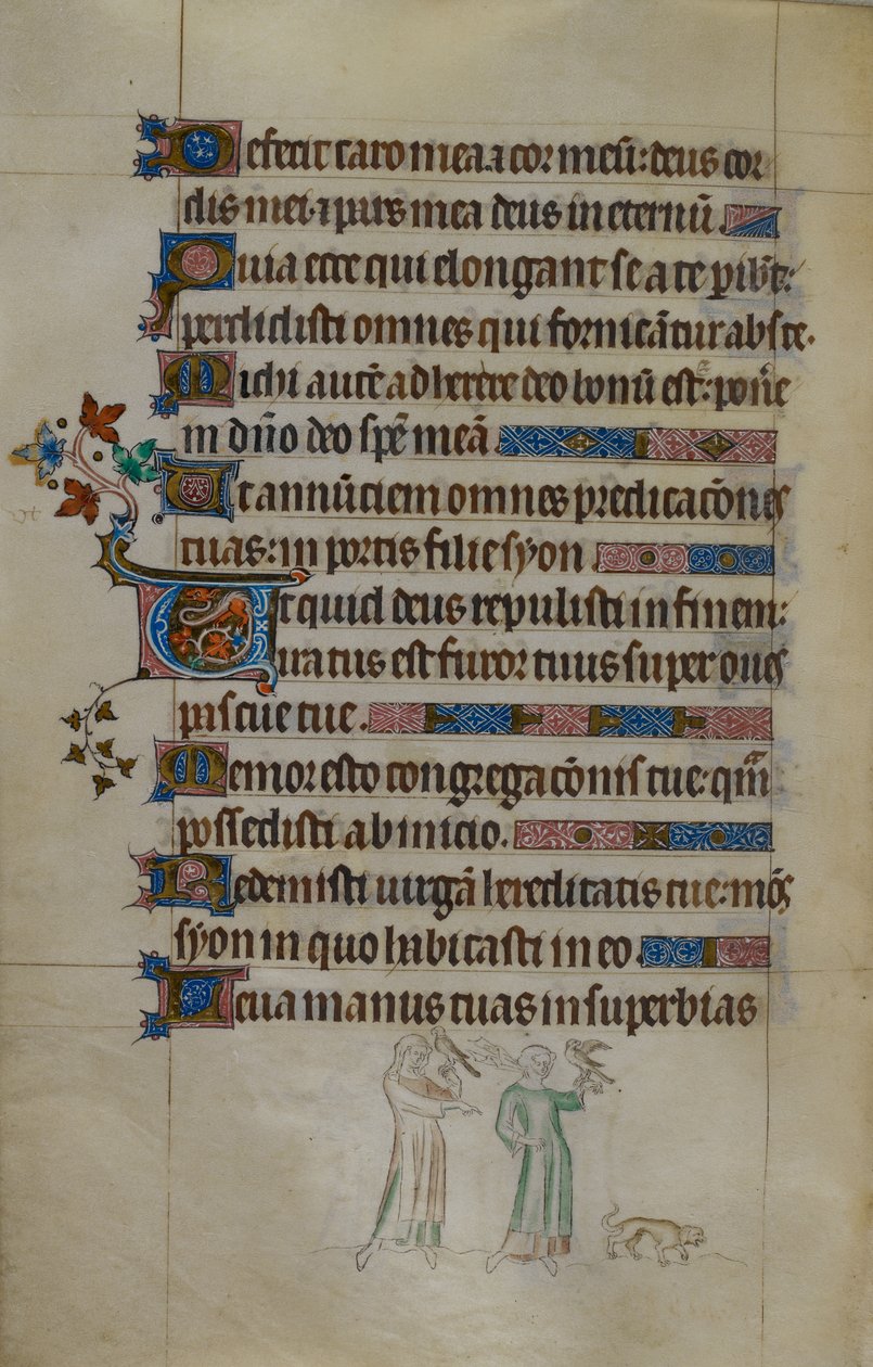 Royal ms 2_B VII f.177v Basdepage scéna dvou žen nesoucích jestřáby a malého psa před nimi, s obydlenou iniciálou, ilustrace z 