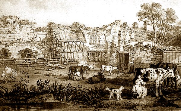 Zřícenina panského sídla s dojícími kravami, cca 1800 (pero a sépiový inkoust na papíře) od English School