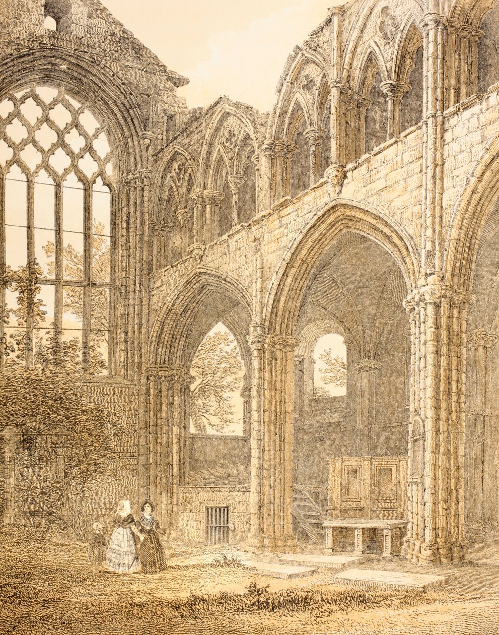 Zřícenina Holyroodského opatství a vchod do královské hrobky, z knihy The Scots Worthies od Johna Howieho, druhé vydání z roku 1879. od English School